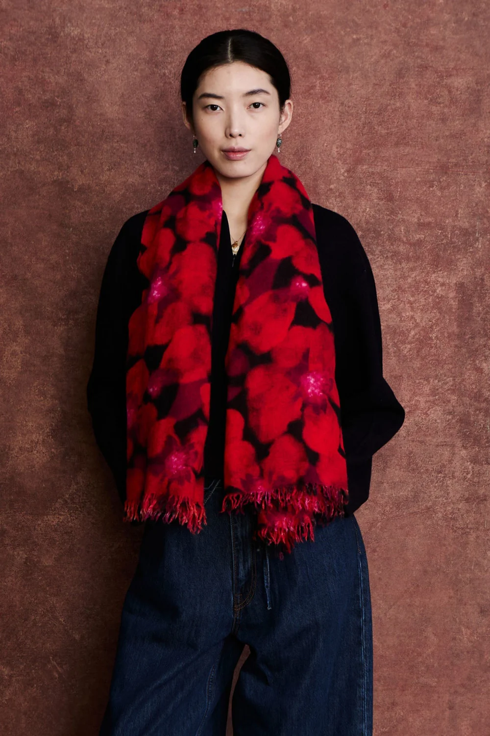 100% Cashmere Scarf Primrose Red Floral - Image 2