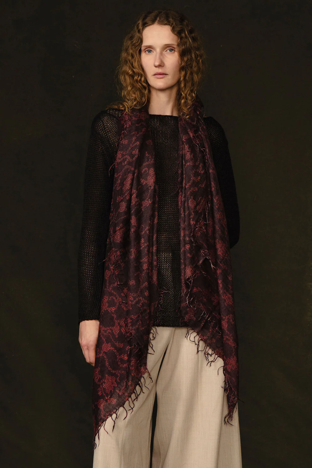 Cashmere and Silk Scarf Wine Kantha Floral - Image 2