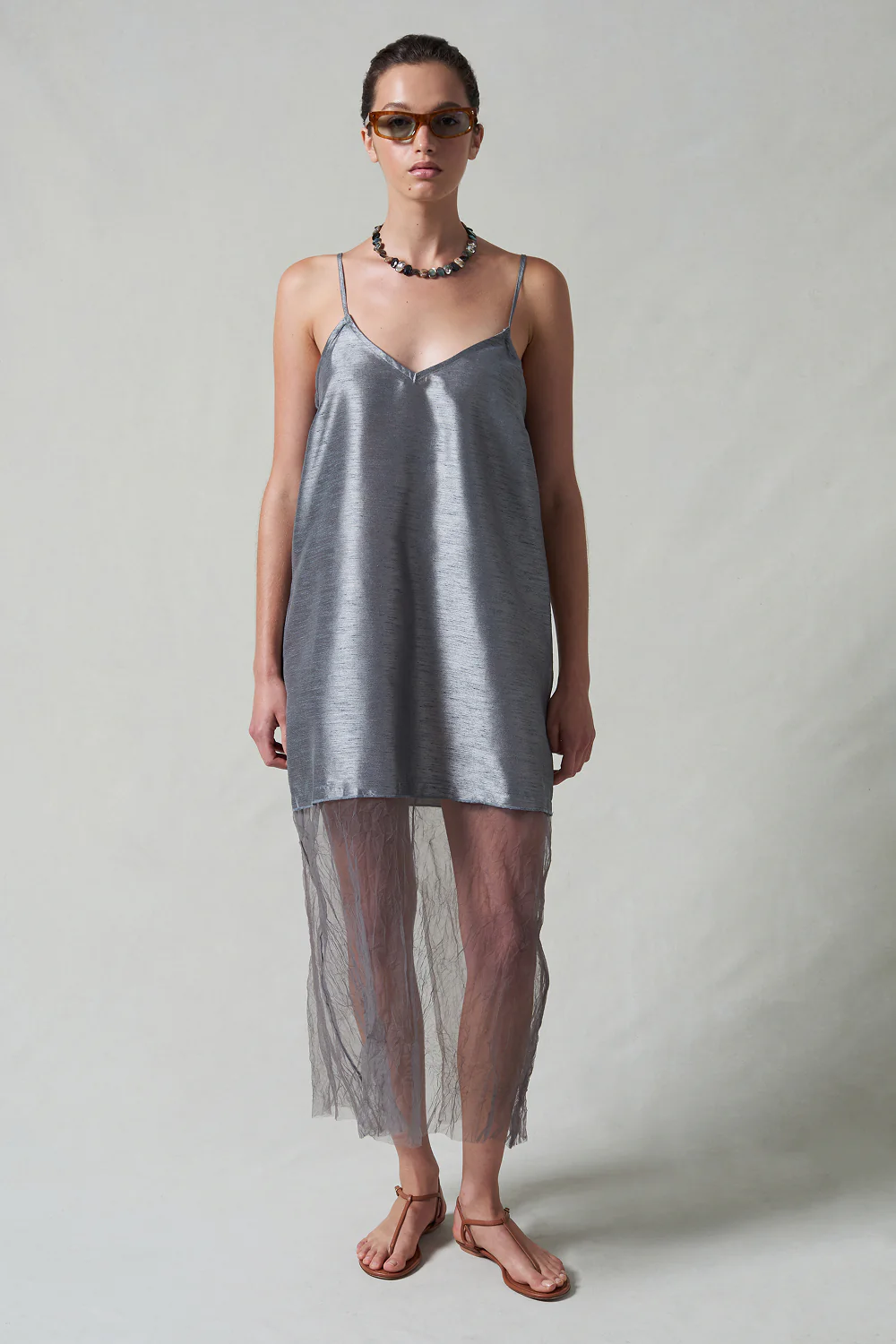 Dupioni Mesh Dress Steel