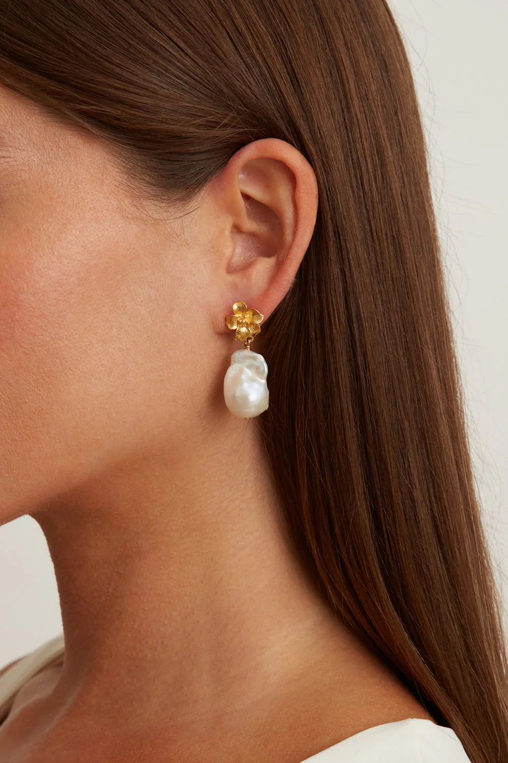 Gold Hibiscus Pearl Drop Earrings - Image 2