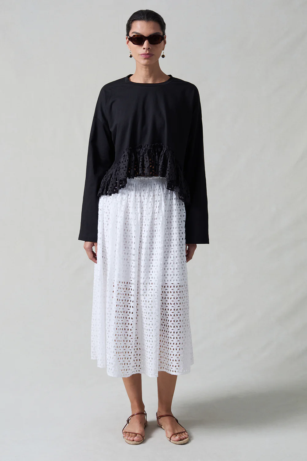 Laser Cut High Low Long Sleeve Tee Black