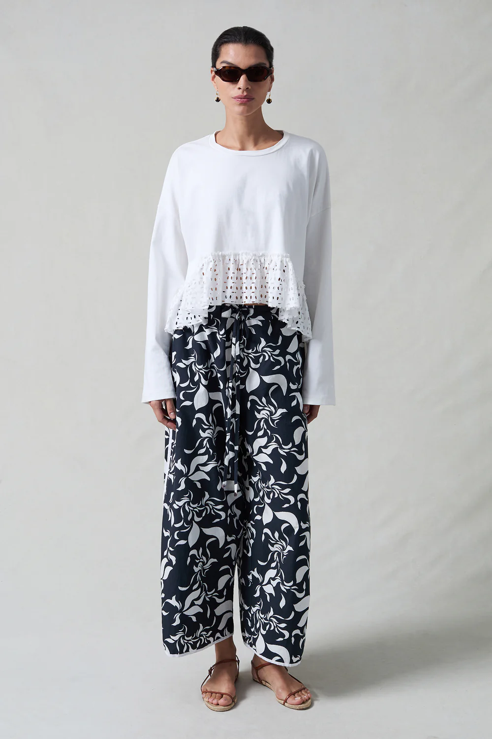 Laser Cut High Low Long Sleeve Tee White