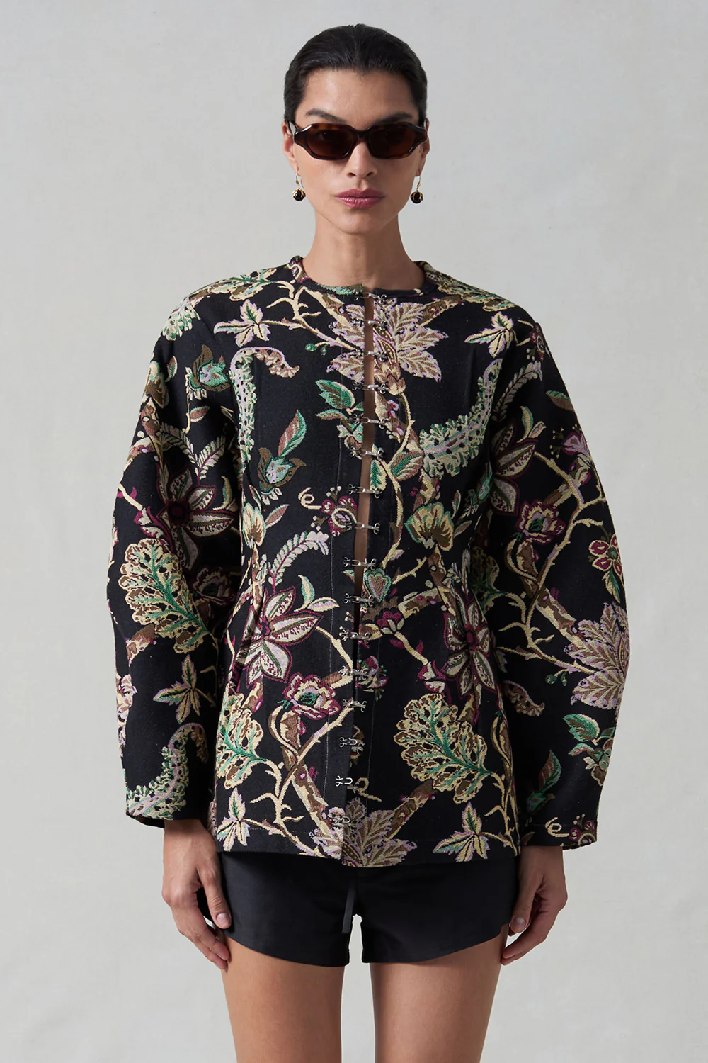 Pinch Waist Cardigan Black Jacquard