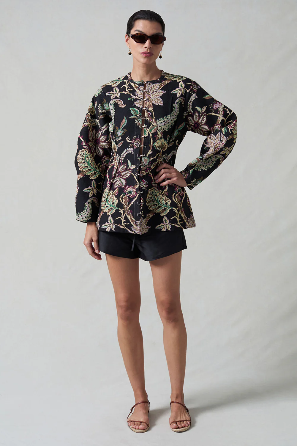 Pinch Waist Cardigan Black Jacquard - Image 2