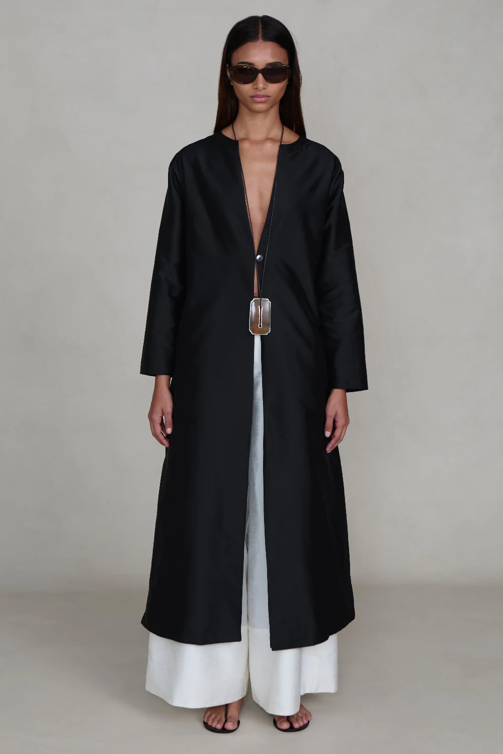 Techno Taffeta Collarless Coat Black