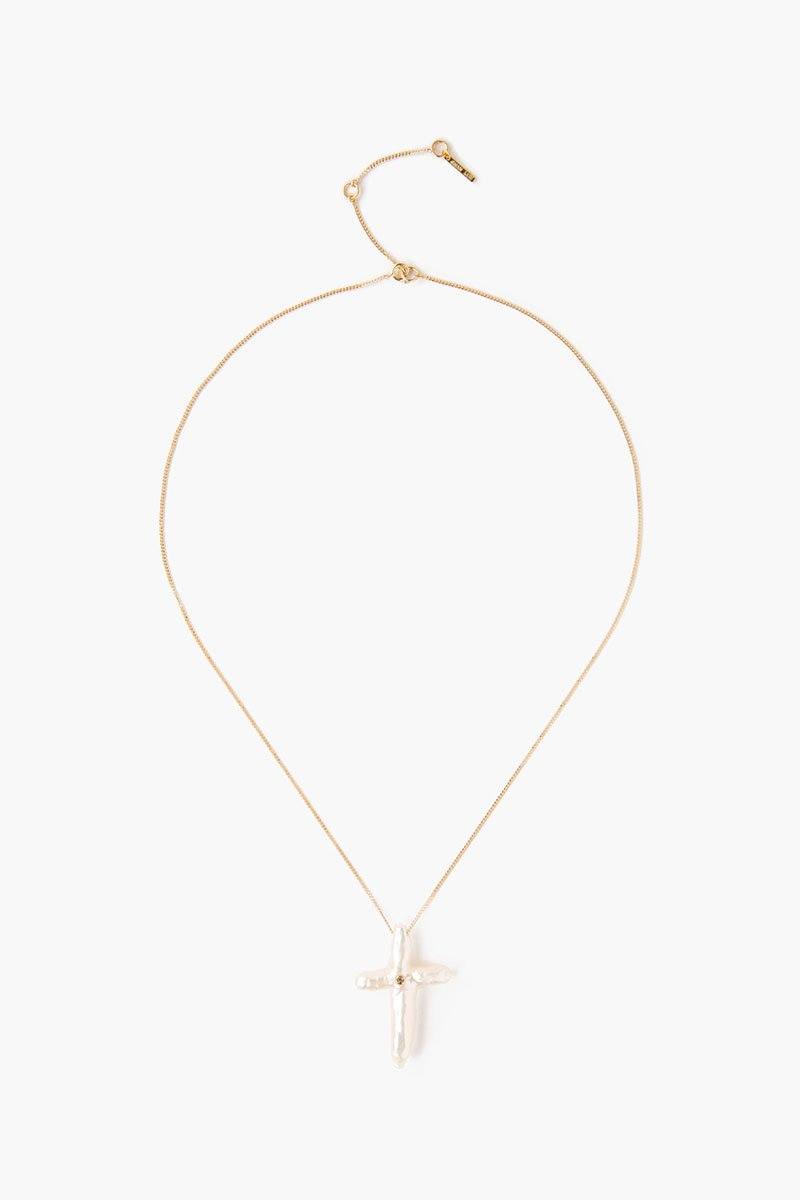 14k White Baroque Pearl Cross and Champagne Diamond Necklace - Image 2
