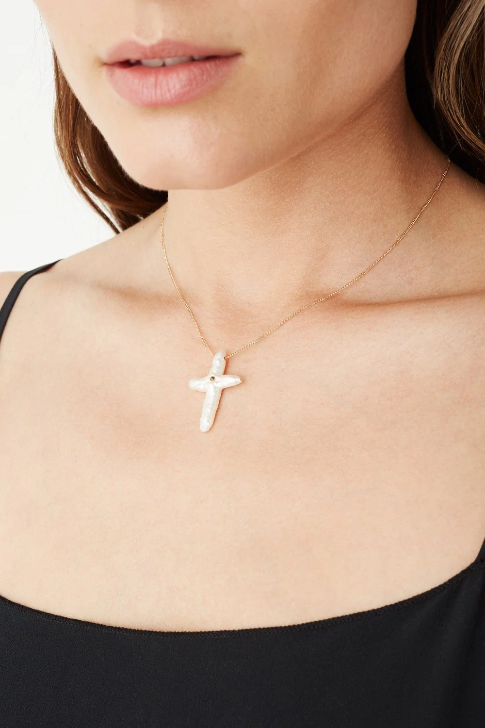 14k White Baroque Pearl Cross and Champagne Diamond Necklace - Image 3